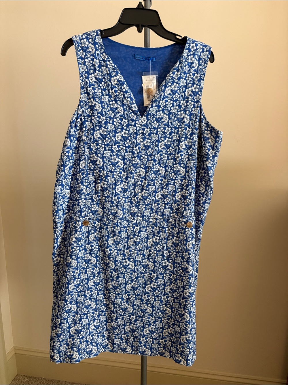 McLaughlin Blue Floral linenSleeveless V-Neck Shift Dress XL NWT